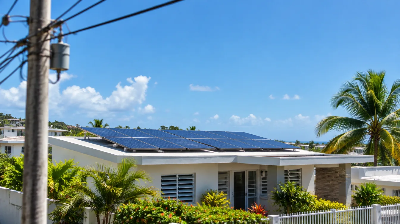 Casa de concreto en Puerto Rico con placas solares en el techo, palmas y un poste de luz con cables eléctricos al frente.