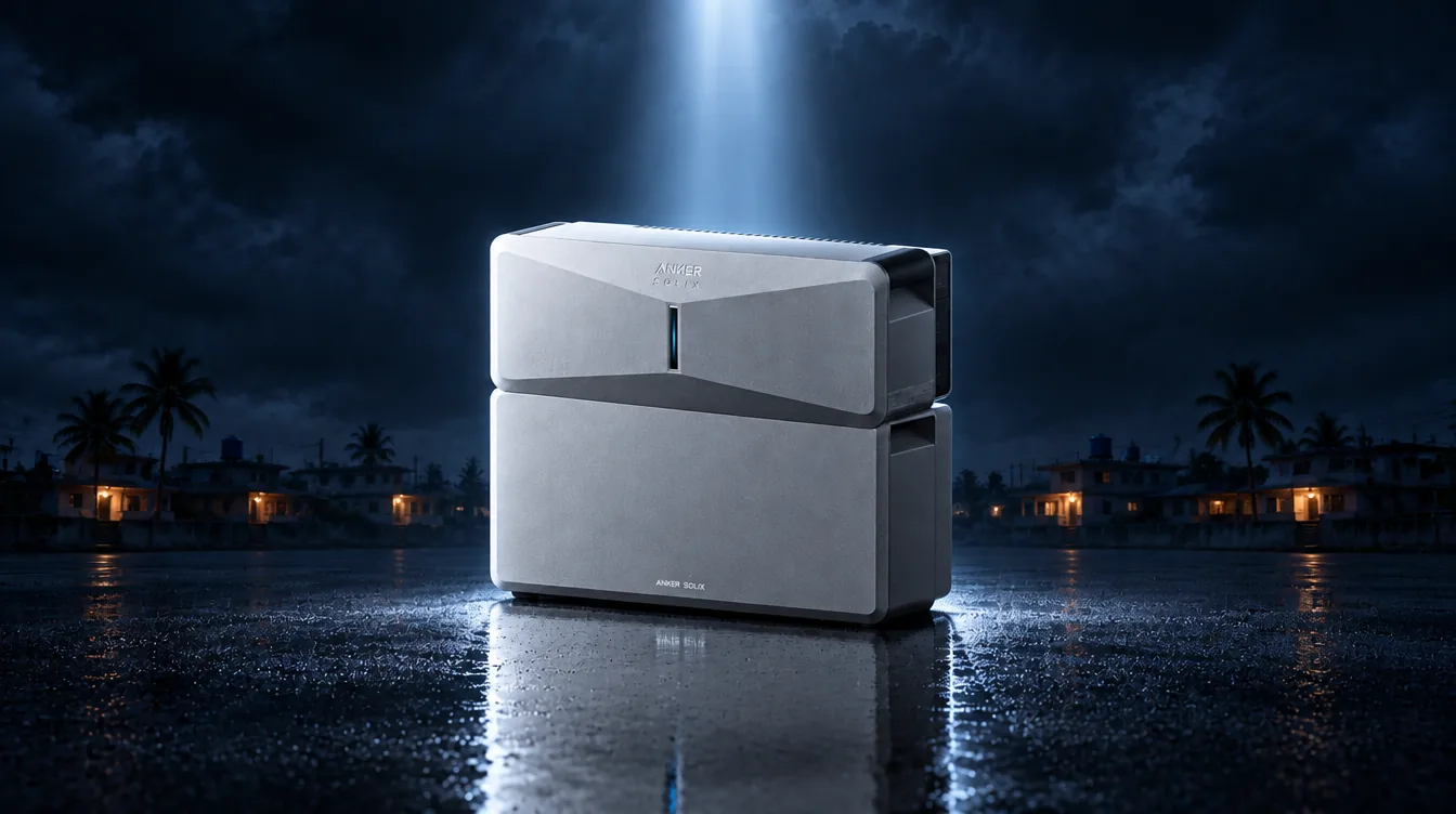 Batería Anker SOLIX E10 iluminada de noche frente a un vecindario de Puerto Rico