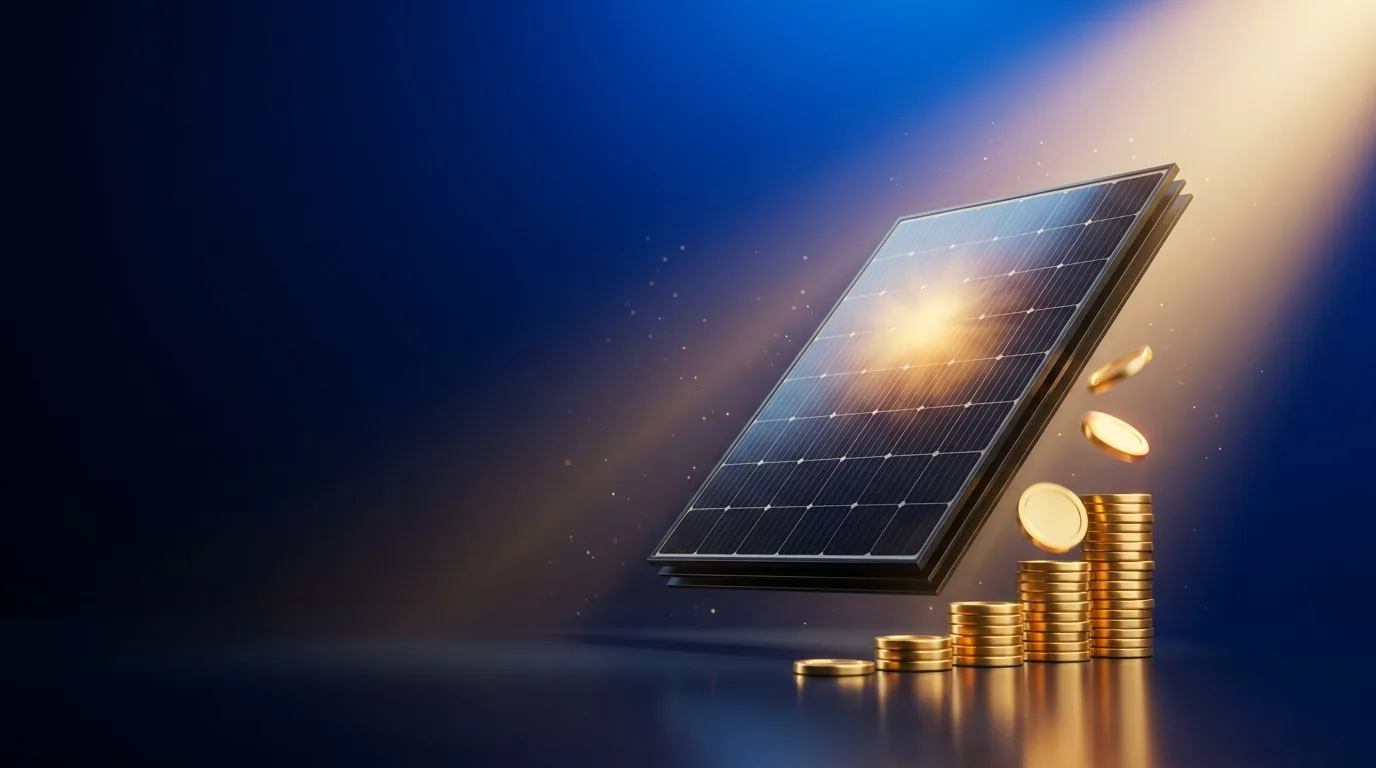Placa solar iluminada por un haz de luz junto a pilas de monedas doradas, sobre un fondo azul oscuro