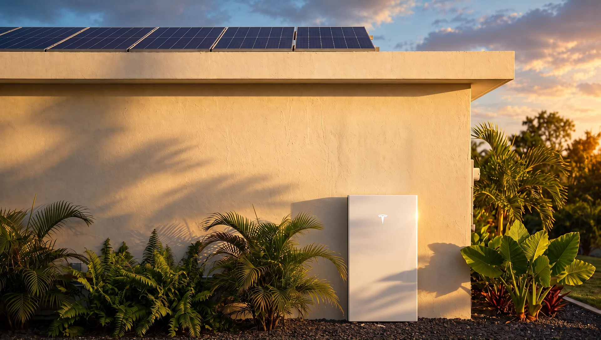 Batería Tesla Powerwall junto a la pared exterior de una casa con placas solares en Puerto Rico